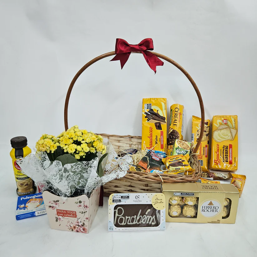 Cesta de Café da Manhã Parabéns com Flores - Imagem 3