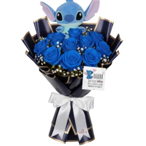Buquê Ohana 10 Rosas (Escolha A Cor) + Pelúcia Stitch + Cartão